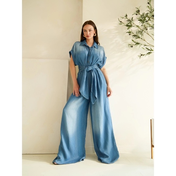 Pants - Denim Short Sleeve Button Down Wrap Waist Wide Leg Jumpsuit